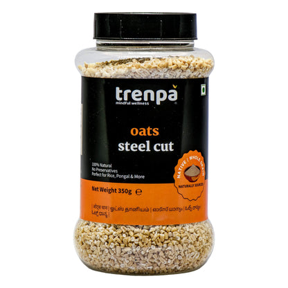 Jar of Trenpa steel cut oats on a white background