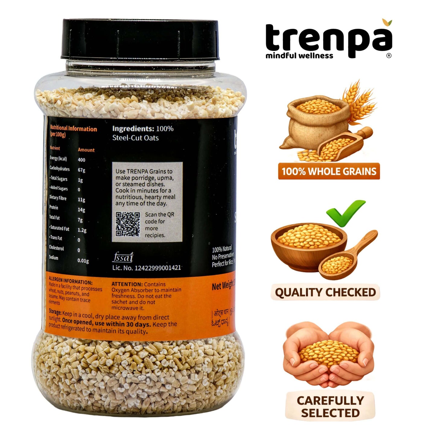 Jar of steel-cut oats with Trenpa branding and product information on a white background