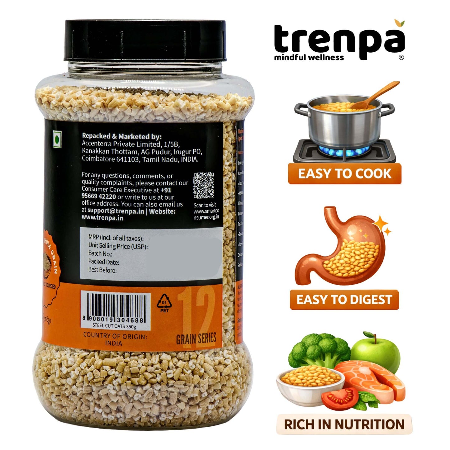 Jar of trenpa grain series with product features on a white background