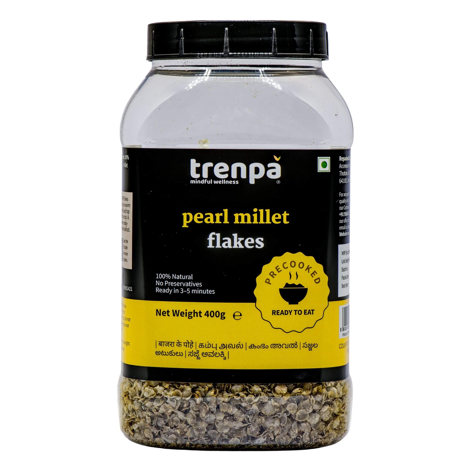 Trenpa pearl millet flakes container on a white background