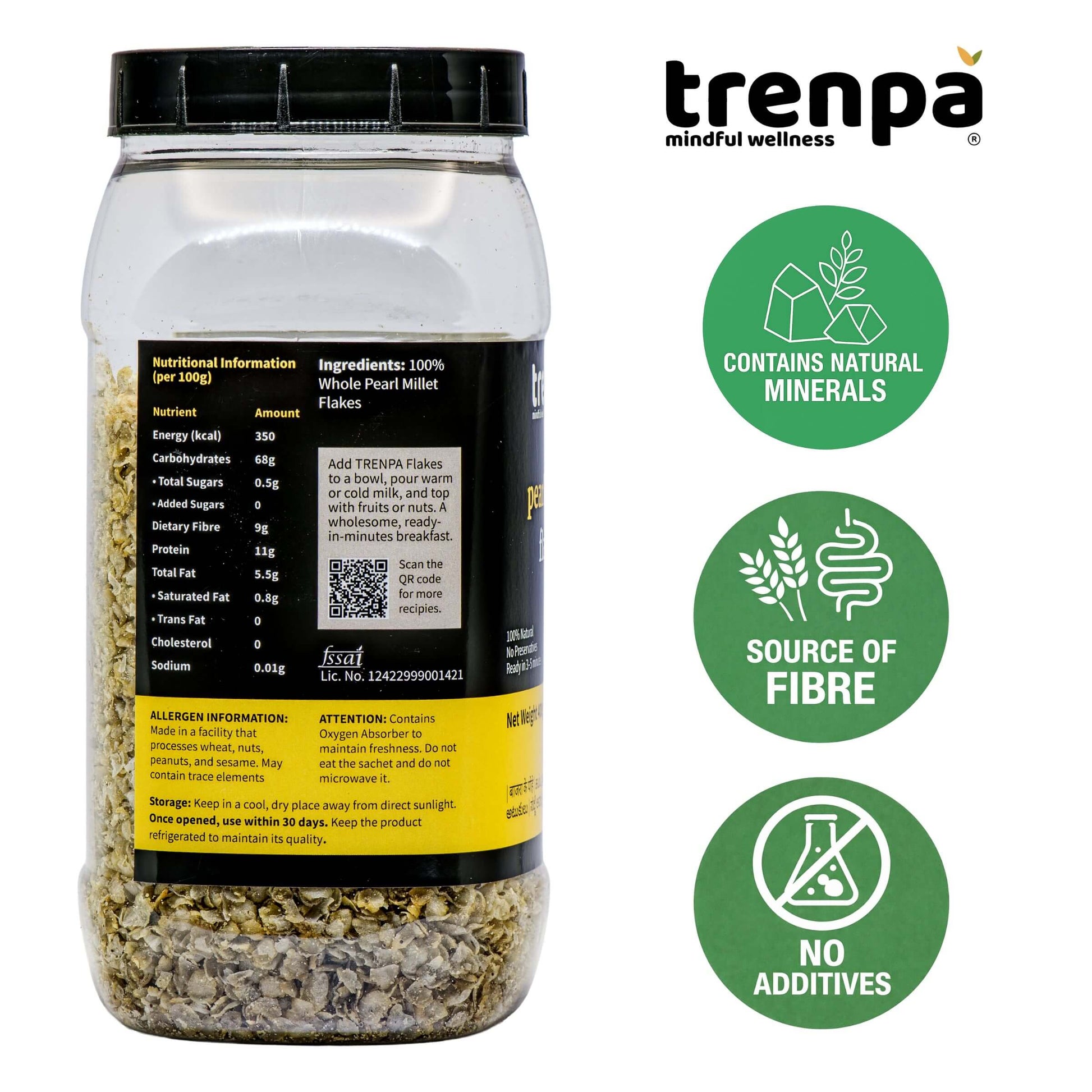 Container of trenpa whole pearl millet flakes with nutritional information and health benefits on a white background