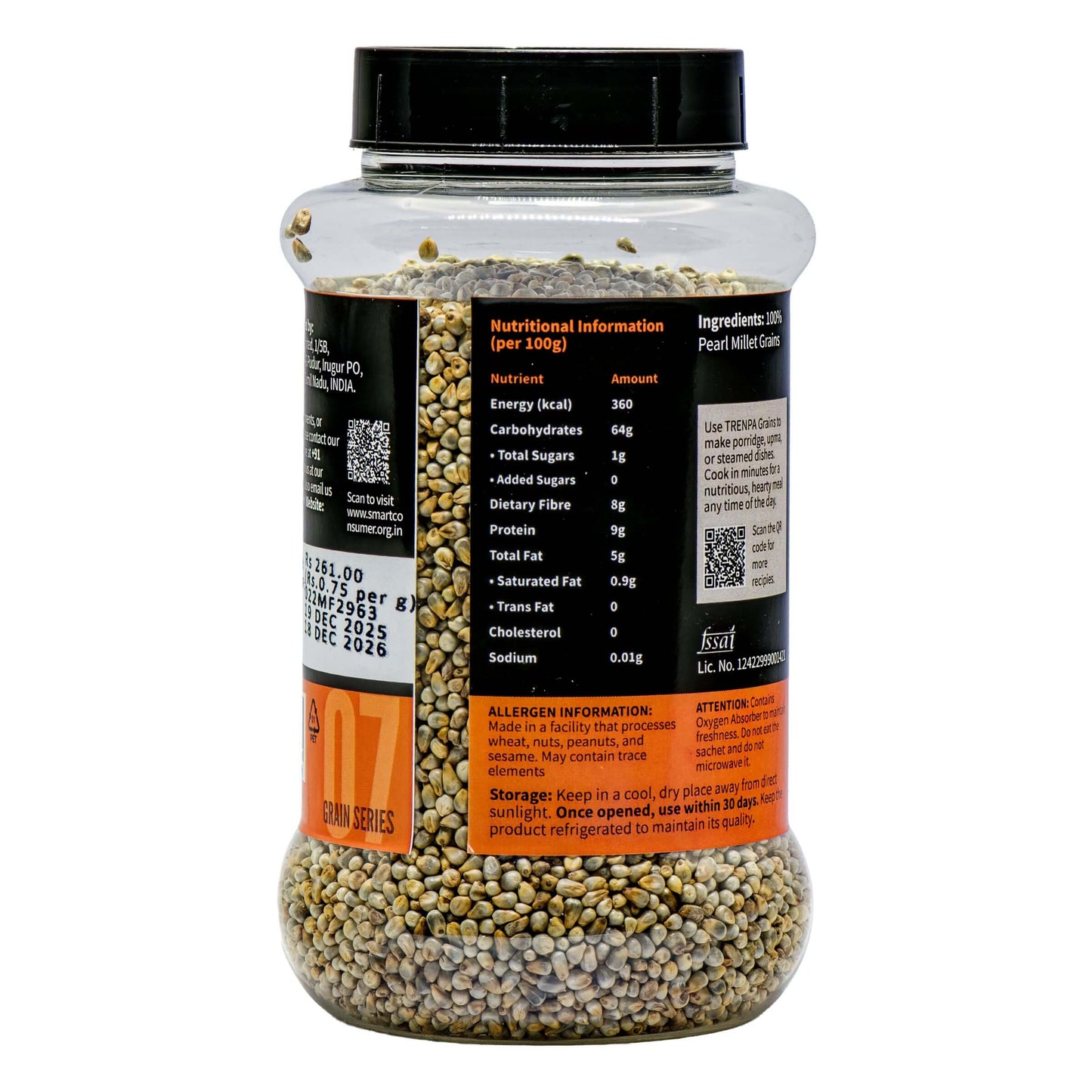 Container of pearl millet grain with nutritional information label on a white background