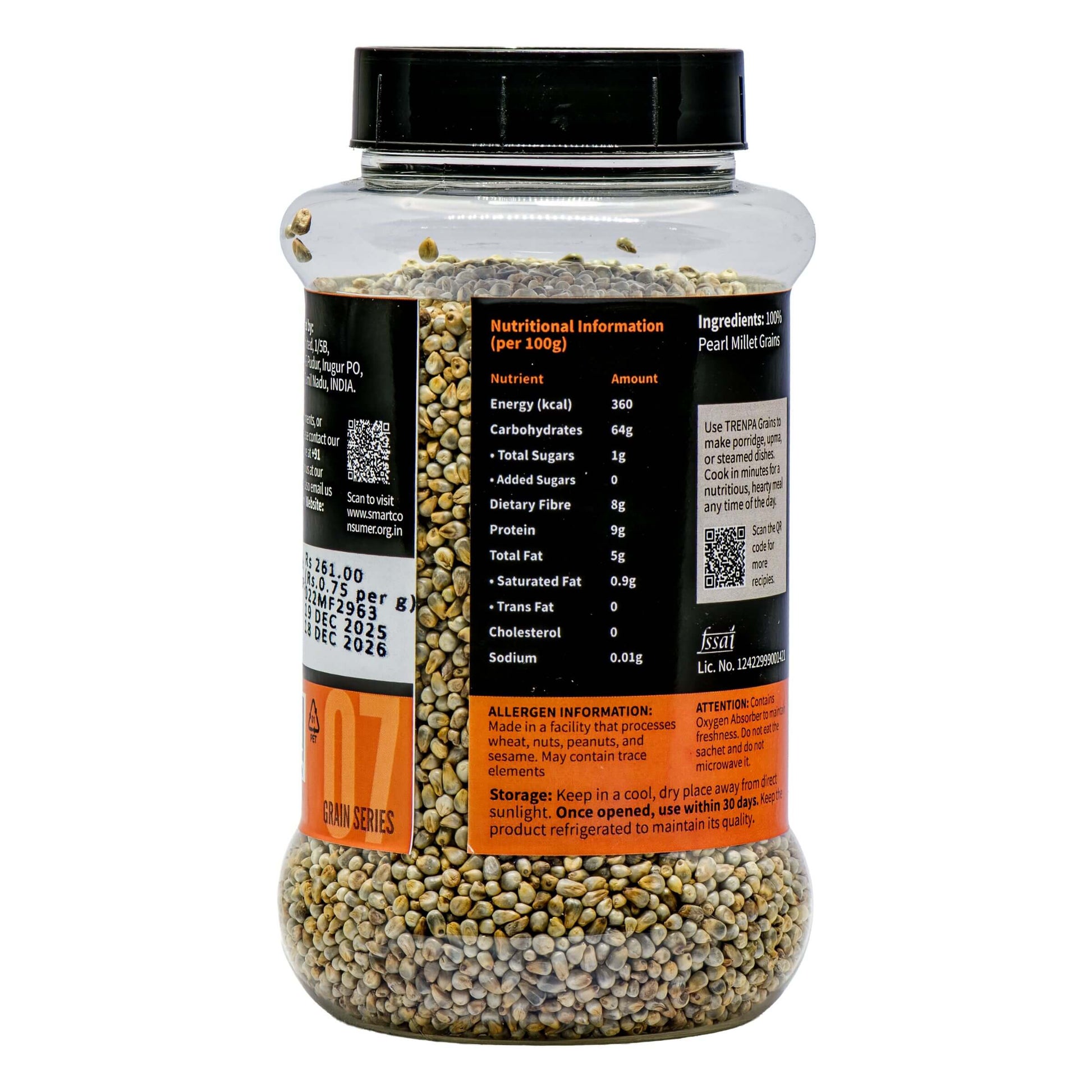 Container of pearl millet grain with nutritional information label on a white background