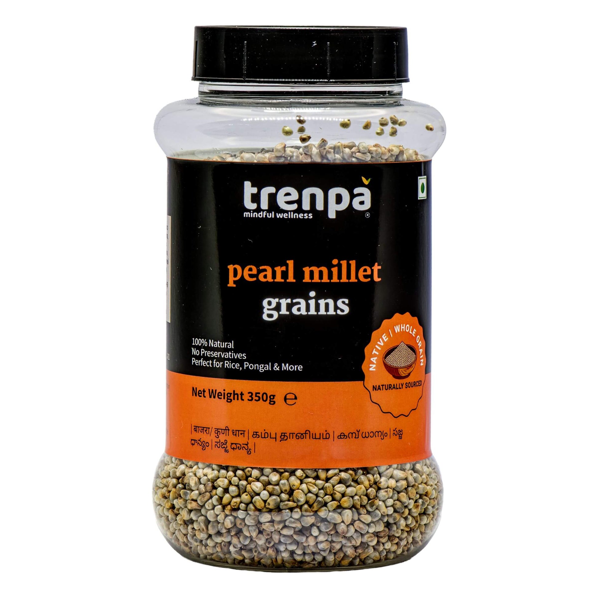 Jar of trenpa pearl millet grains on a white background