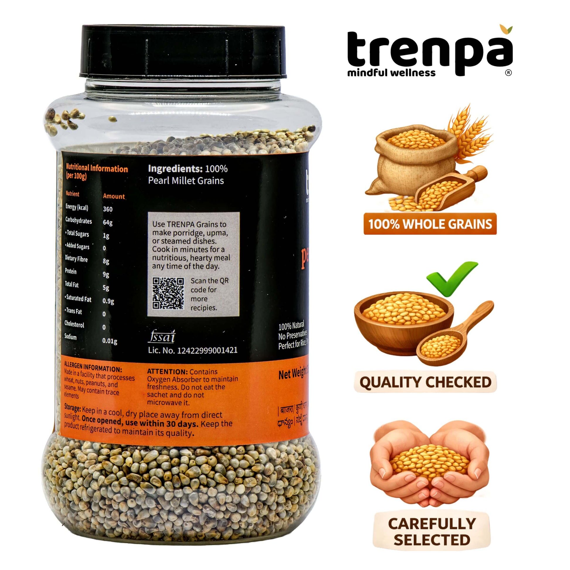 Bottle of trenpa pearl millet grains with label and branding on a white background