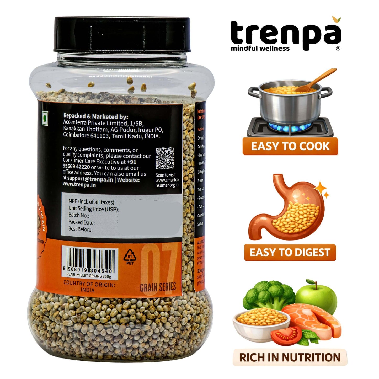 Jar of trenpa grain series with branding and product features on a white background