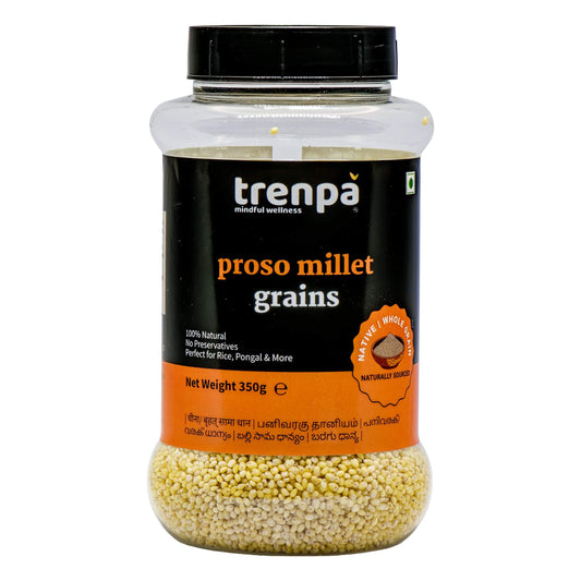 Jar of trenpa proso millet grains on a white background