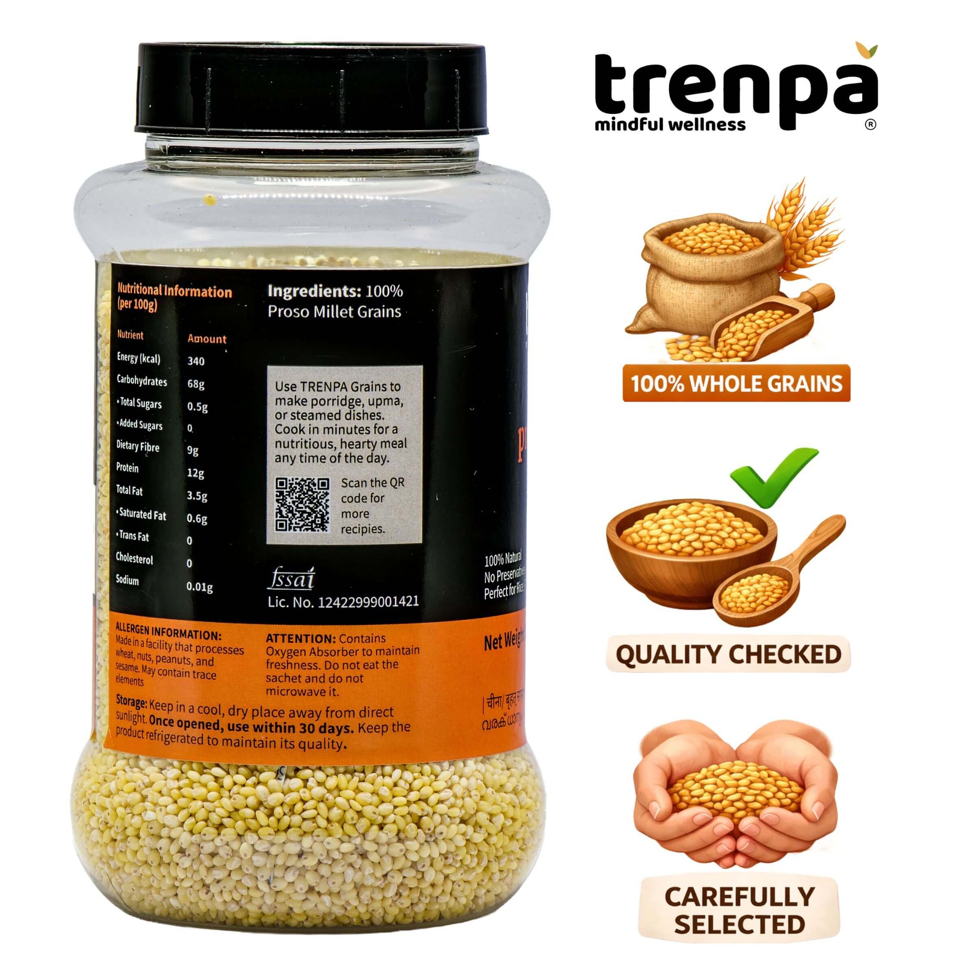 Jar of trenpa Proso Millet with label and branding on a white background