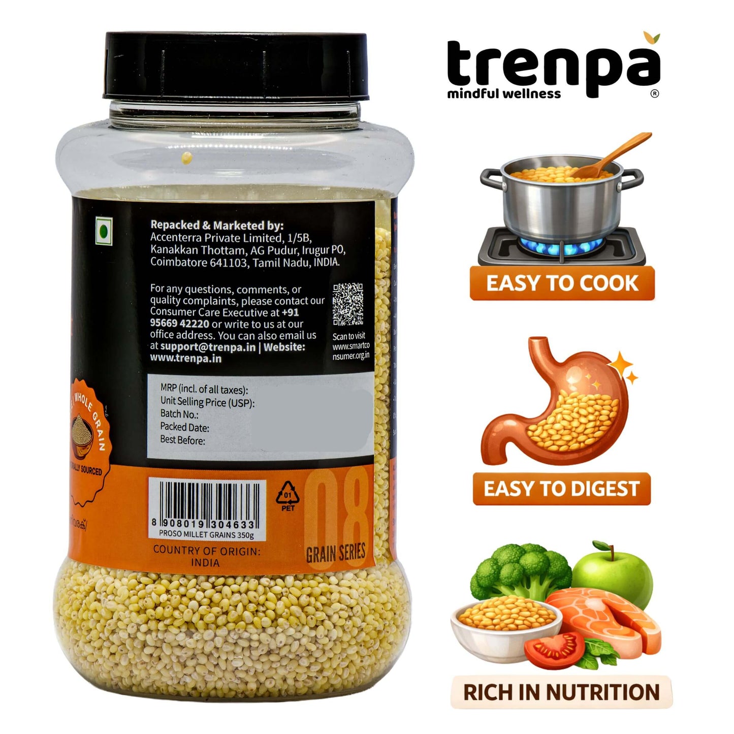 Jar of trenpa grain series with product features on a white background