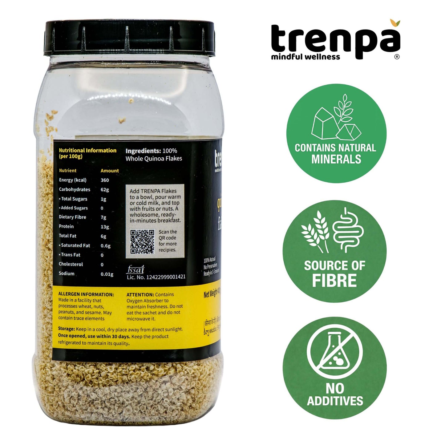 Trenpa jar with nutritional information and health benefits on a white background