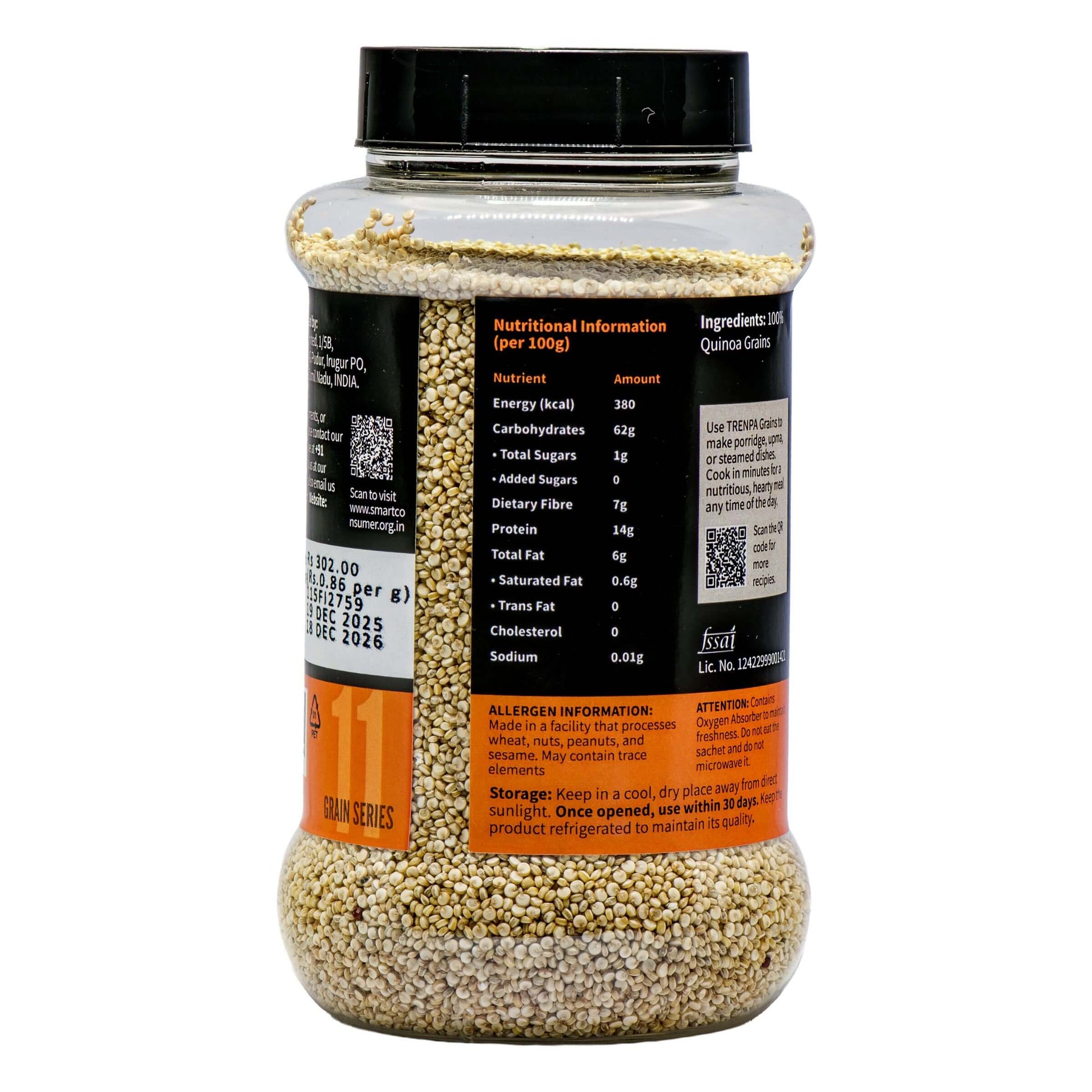 Quinoa container with nutritional information label on a white background