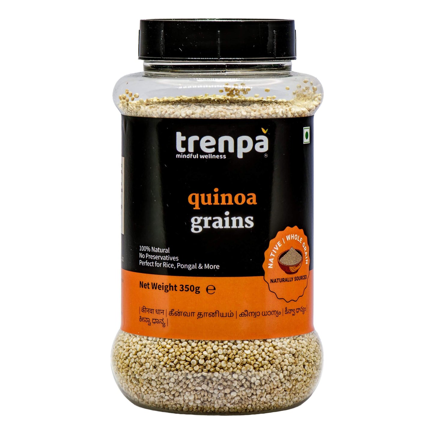 Jar of trenpa quinoa grains on a white background