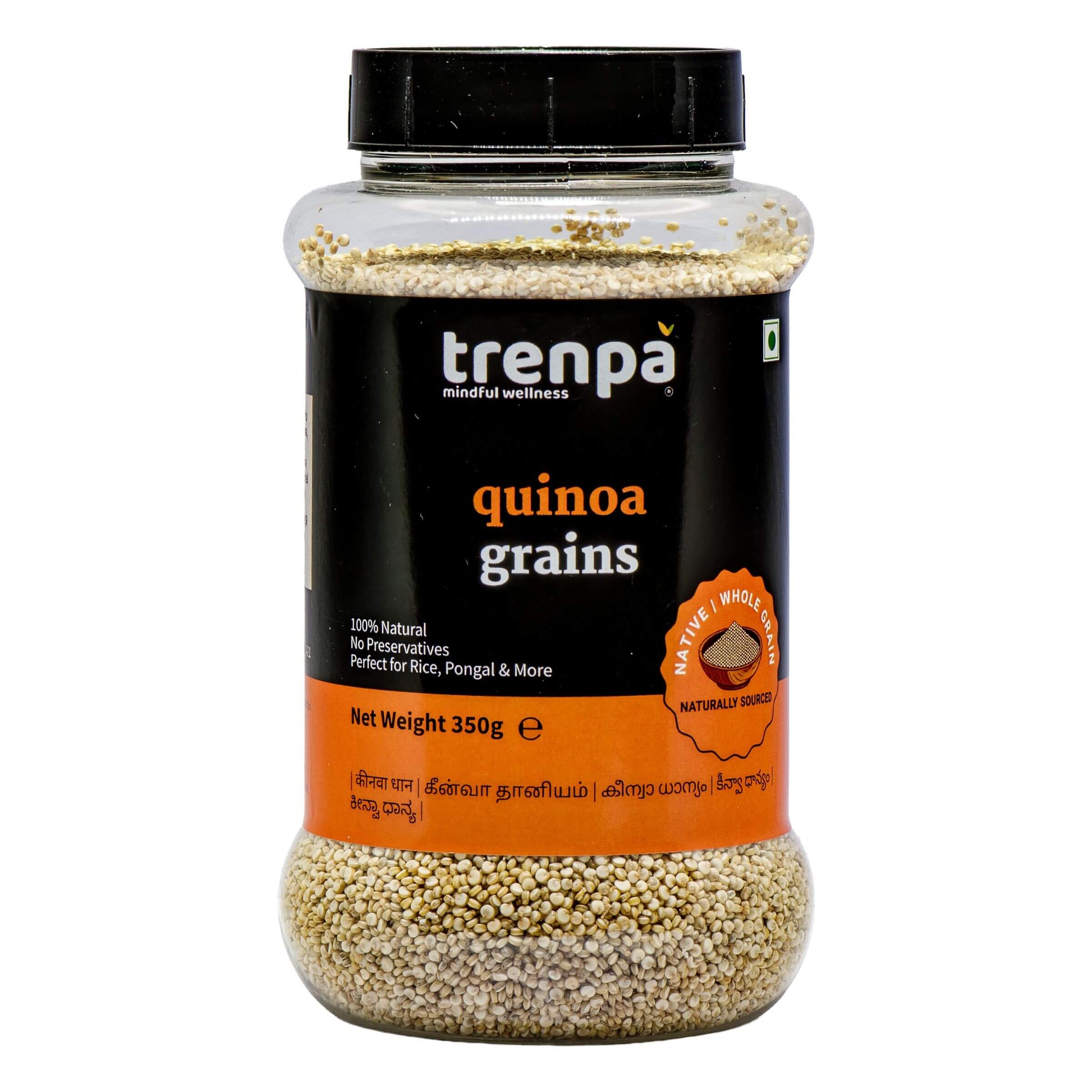 Jar of trenpa quinoa grains on a white background