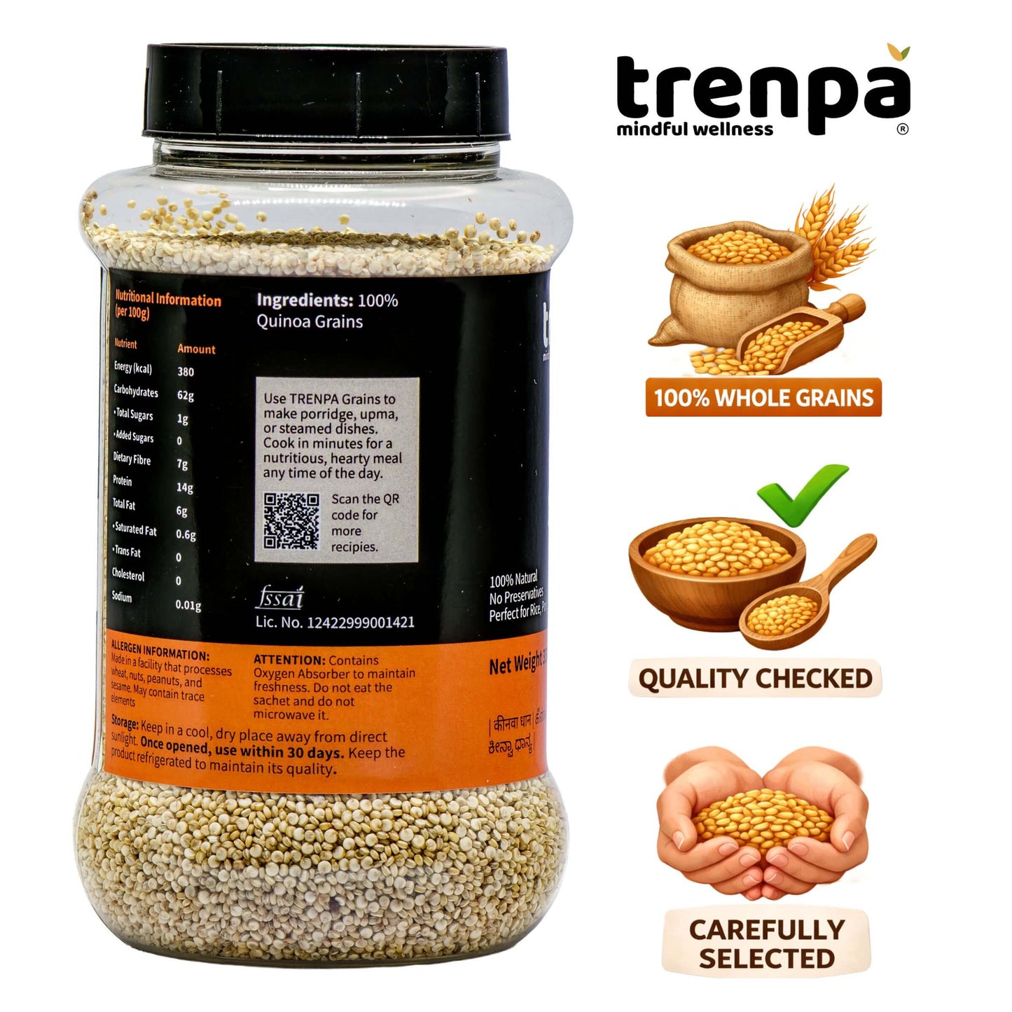 Jar of quinoa grains with Trenpa branding and product information on a white background