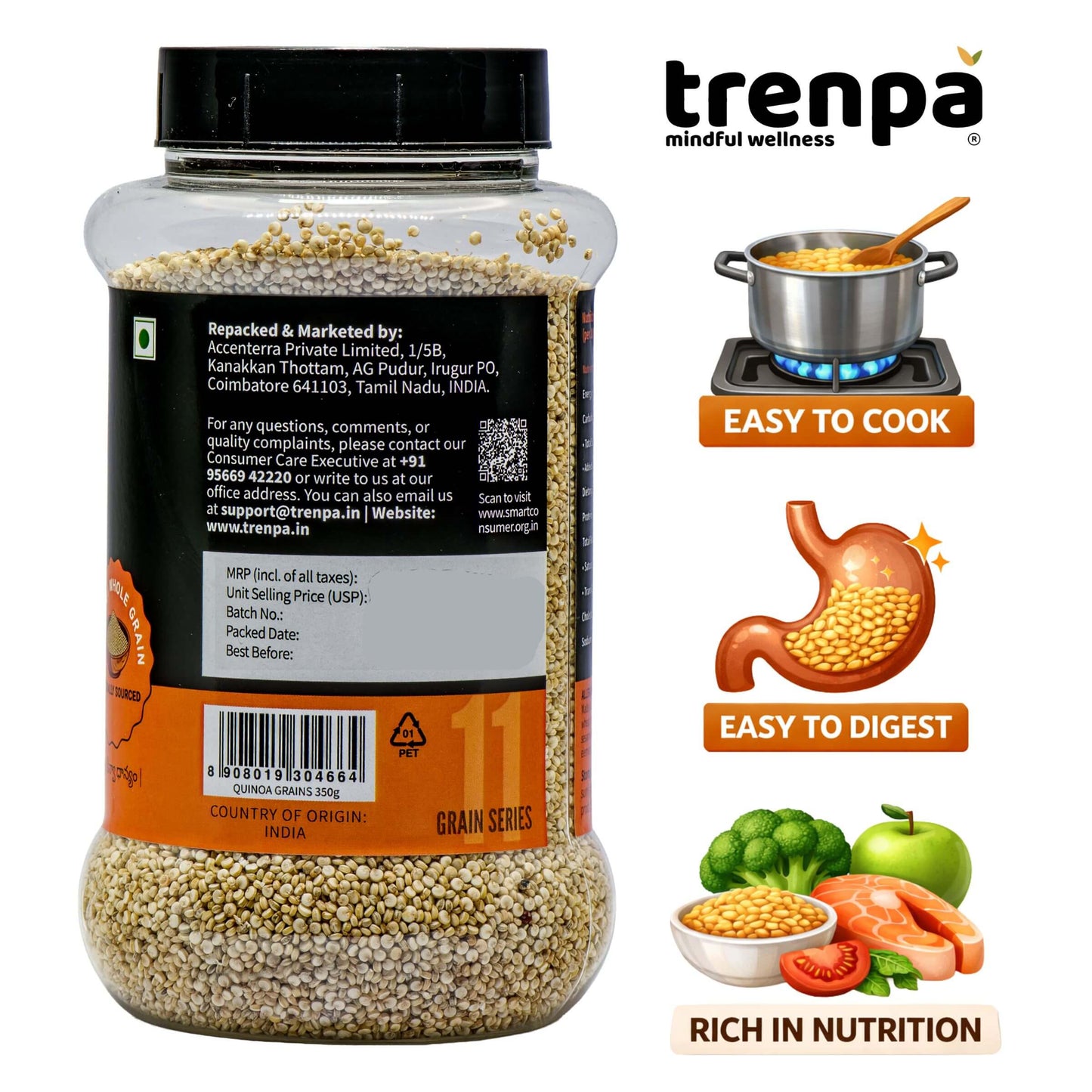 Jar of trenpa grain with product features on a white background