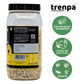 Jar of oats with Trenpa branding and product features on a white background
