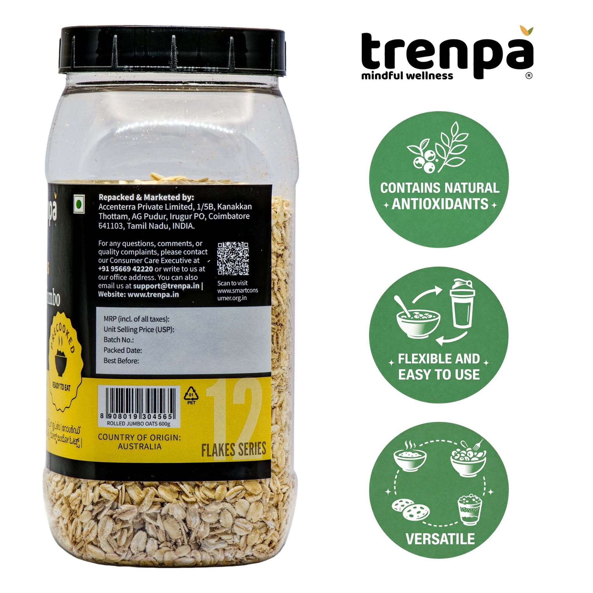 Jar of oats with Trenpa branding and product features on a white background
