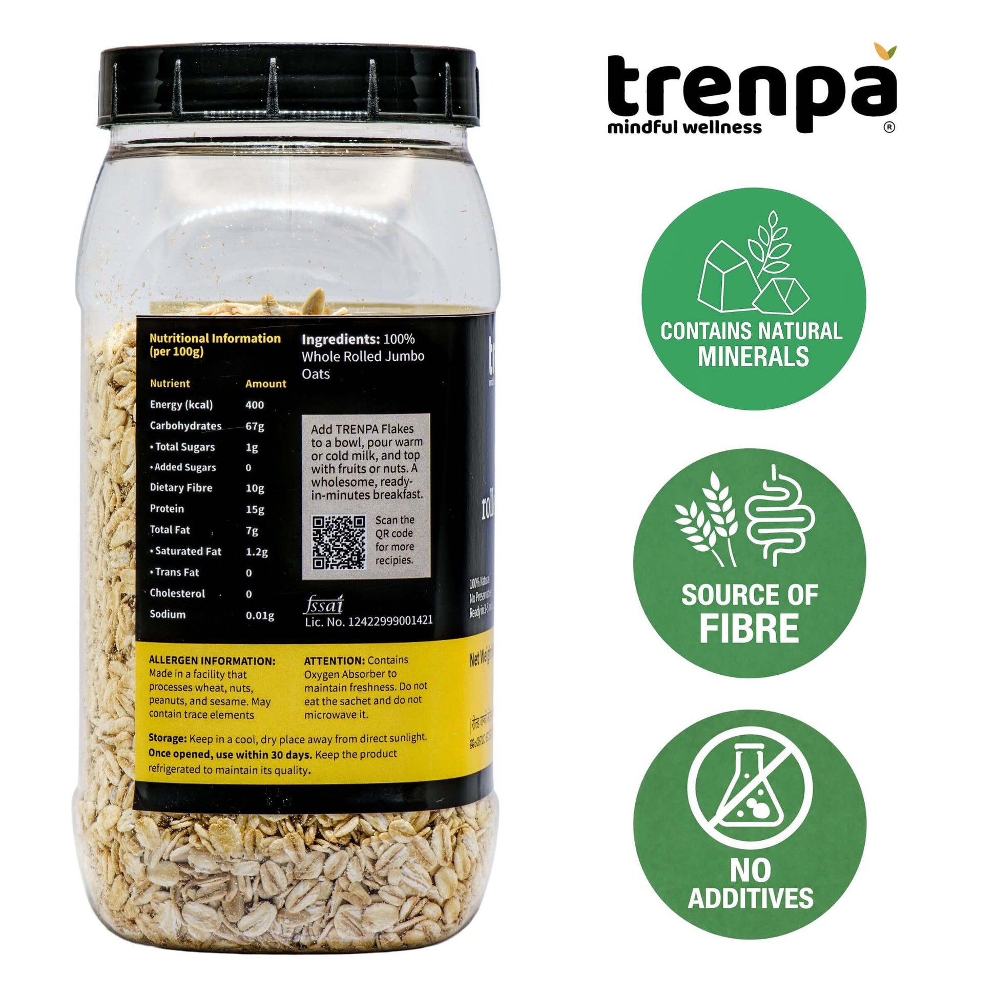 Jar of oats with Trenpa branding and health benefits on a white background