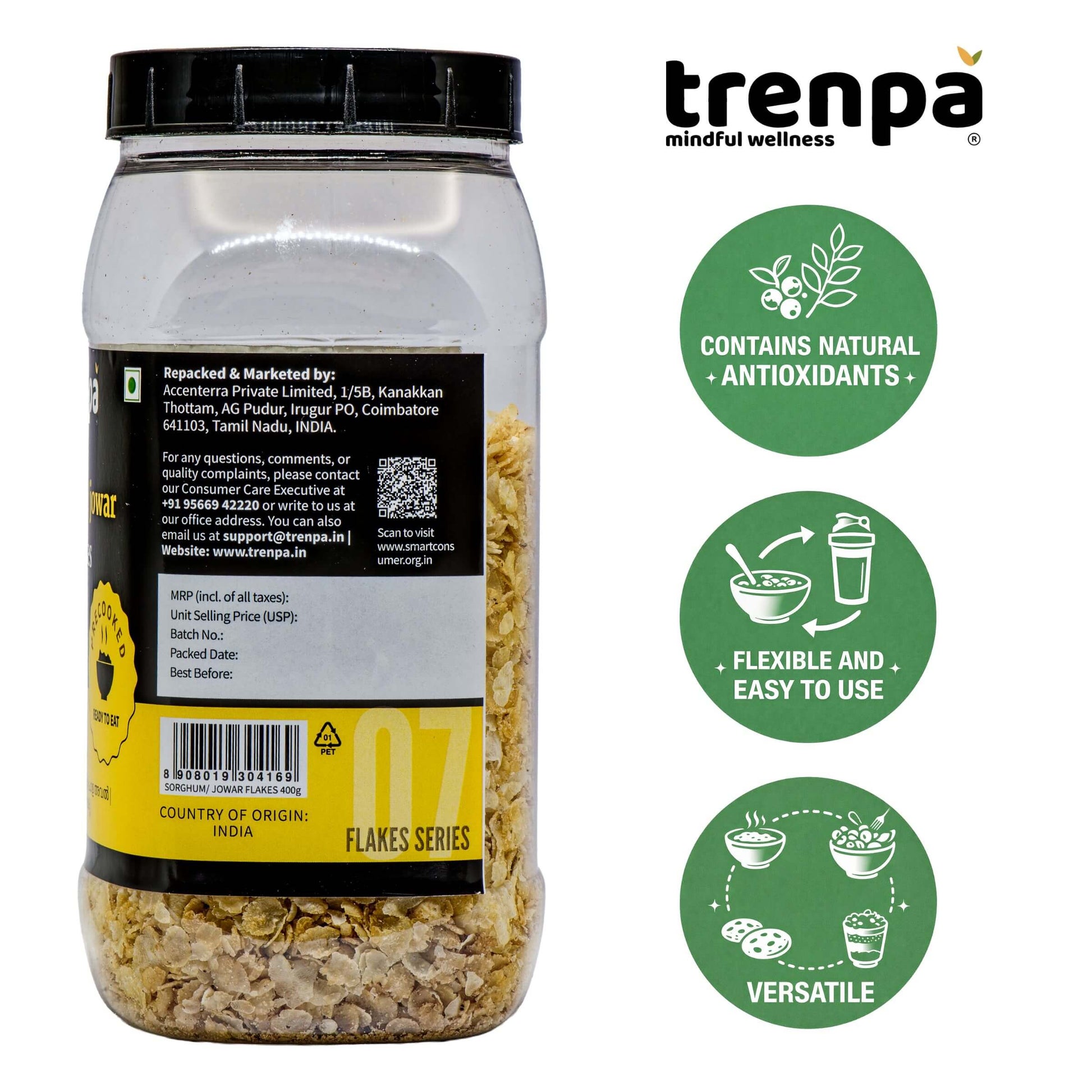 Jar of flakes with Trenpa branding and product features on a white background