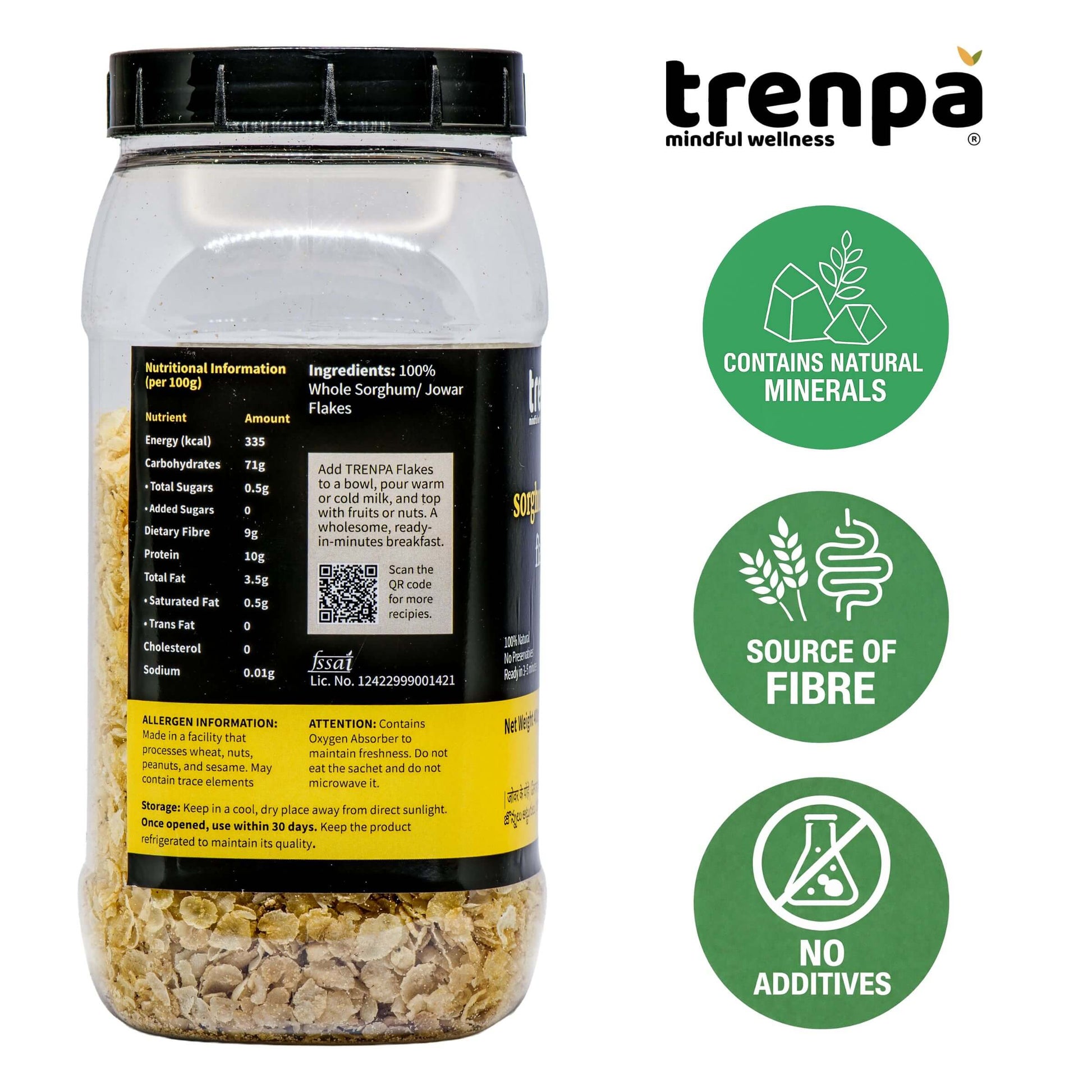 Trenpa jar of whole sorghum flour with nutritional information and health benefits on a white background