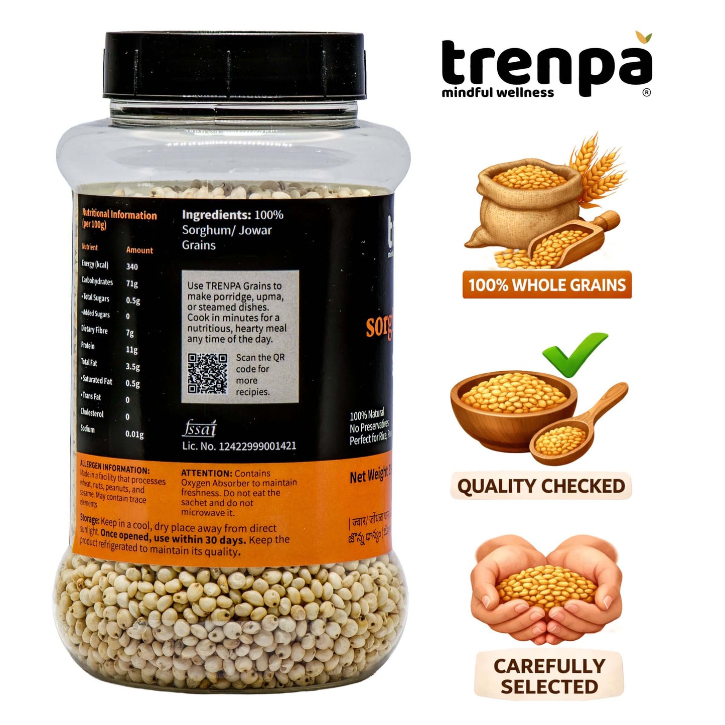 Bottle of trenpa sorghum/jowar grains with branding and product information on a white background