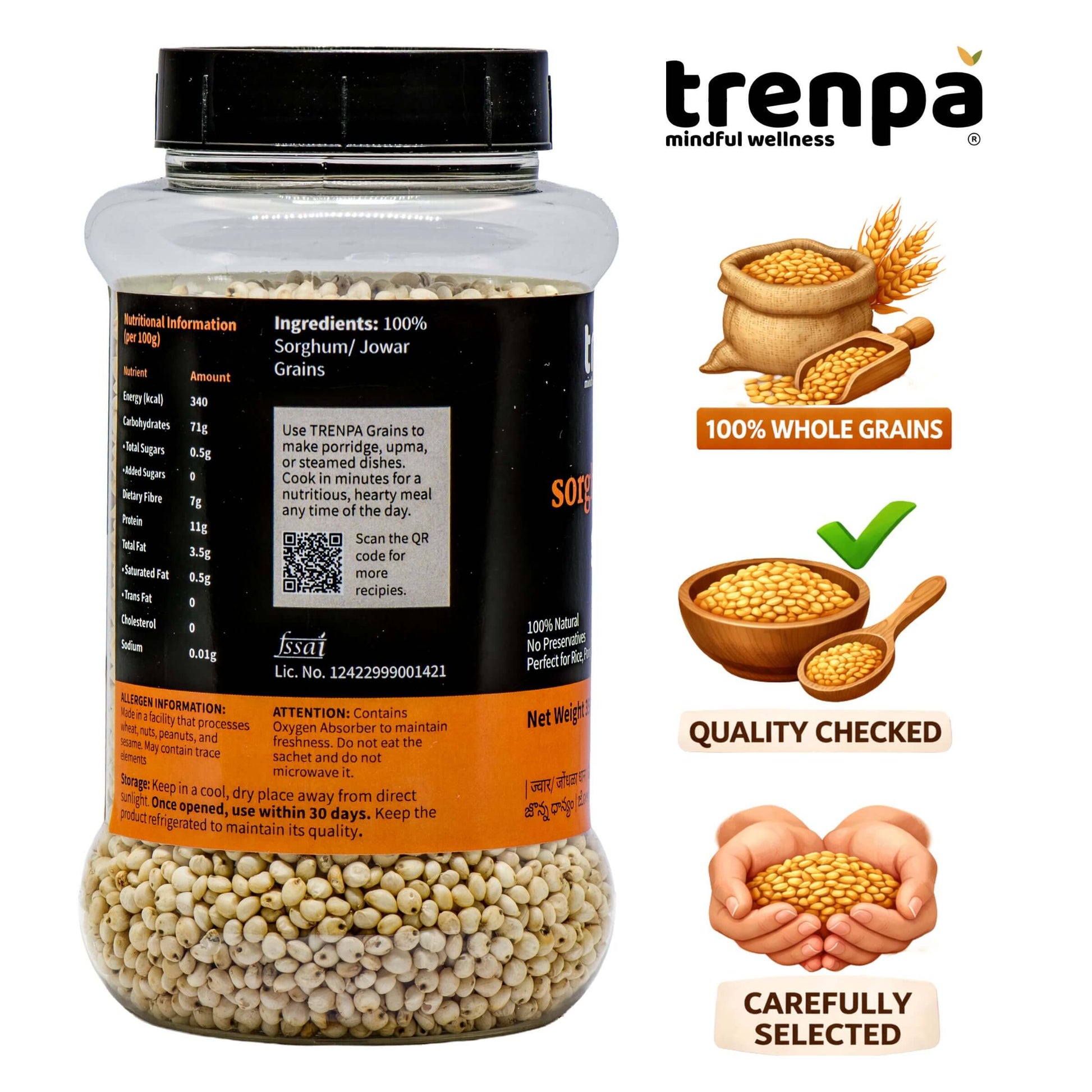 Bottle of trenpa sorghum/jowar grains with branding and product information on a white background
